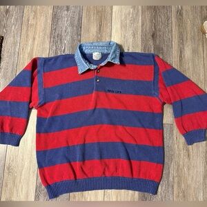 Vintage Striped Red and Blue Men's Sweater With Denim Collar